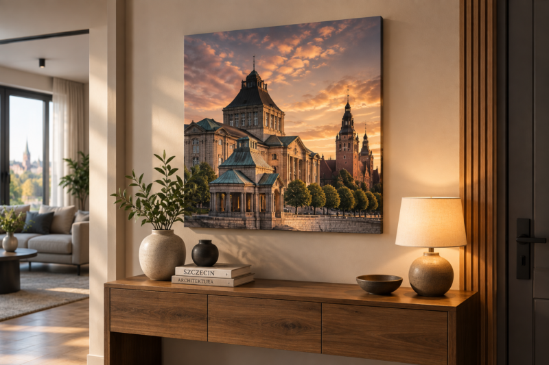Fotoobrazy 5 Kwadratowy fotoobraz 80x80 cm powieszony w holu nad drewnianą konsolą ze świecącą lampą.