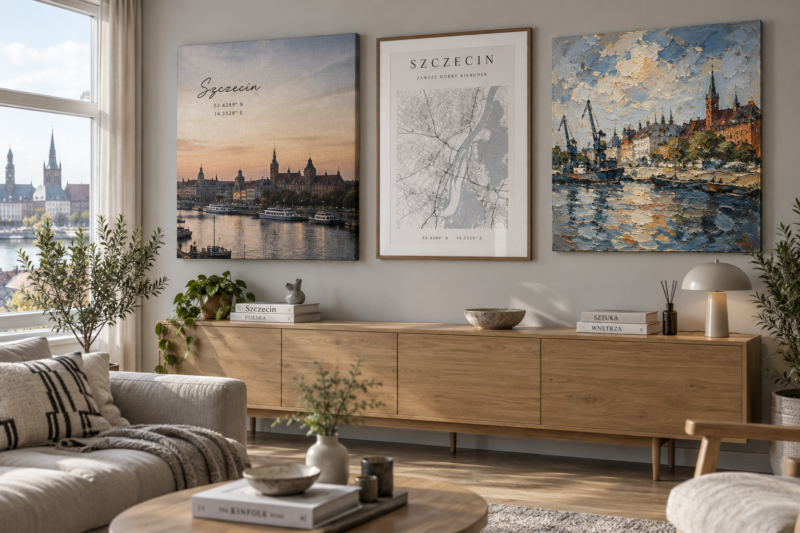 Fotoobraz 10 Porównanie trzech dekoracji ściennych w salonie: obraz na płótnie Canvas, oprawiony plakat oraz obraz malowany.