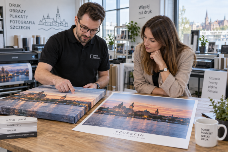 Fotoobraz 15 Weryfikacja próbek płótna Canvas oraz papieru plakatowego podczas konsultacji w drukarni w Szczecinie.