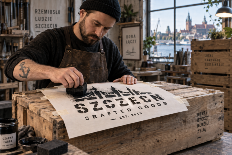 Szablony 2 Nanoszenie gąbką logo firmy na drewnianą skrzynię przy użyciu szablonu malarskiego z grubego papieru.