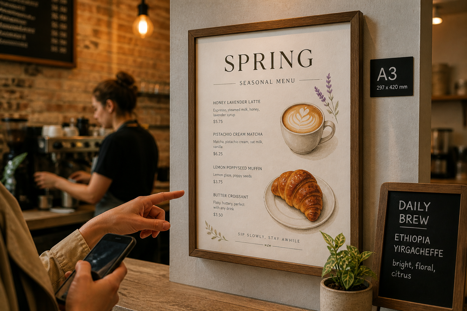 Plakat A3 na ścianie w ramce z menu kawiarni