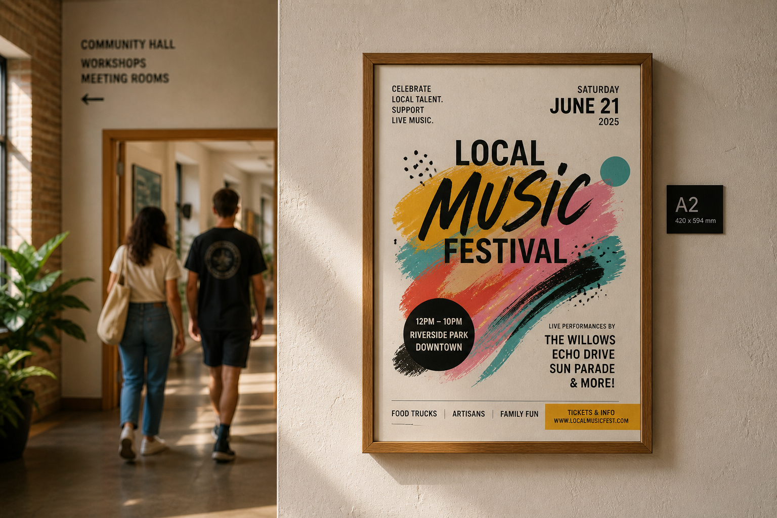 Plakat A32 na scianie w ramce z ogloszniem o festiwalu