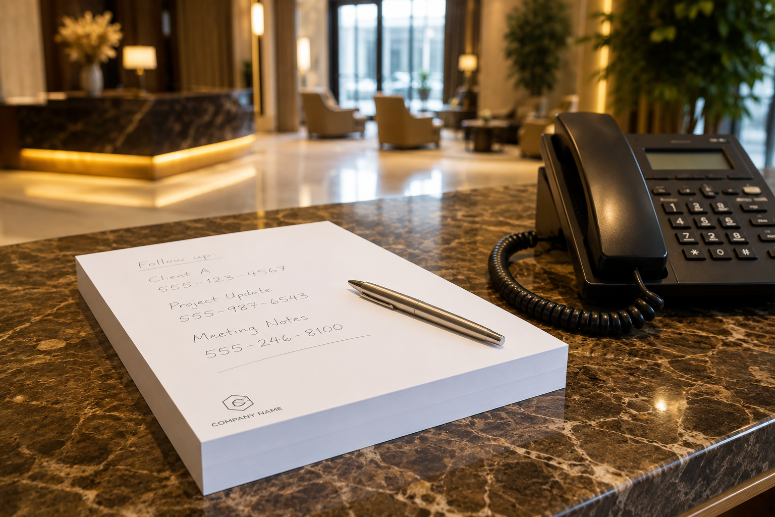 notes klejony 100 kartek notes klenony na ladzie w recepcji hotelowej obok telefon