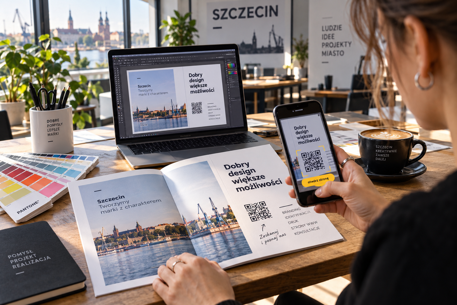 Testowanie działania kodu QR za pomocą telefonu ze świeżo wydrukowanej strony próbnej broszury w skali 1:1.