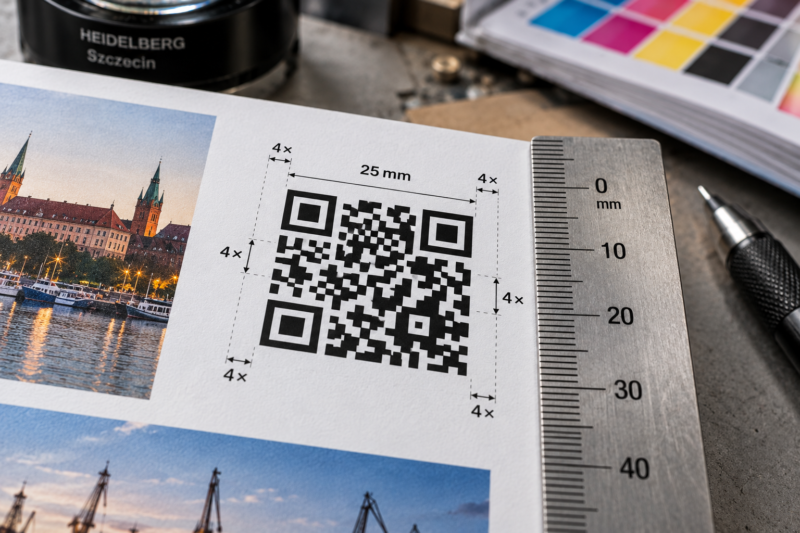 Pomiar rozmiaru kodu QR oraz strefy ciszy (wolnego pola) wokół symbolu na stronie katalogu.
