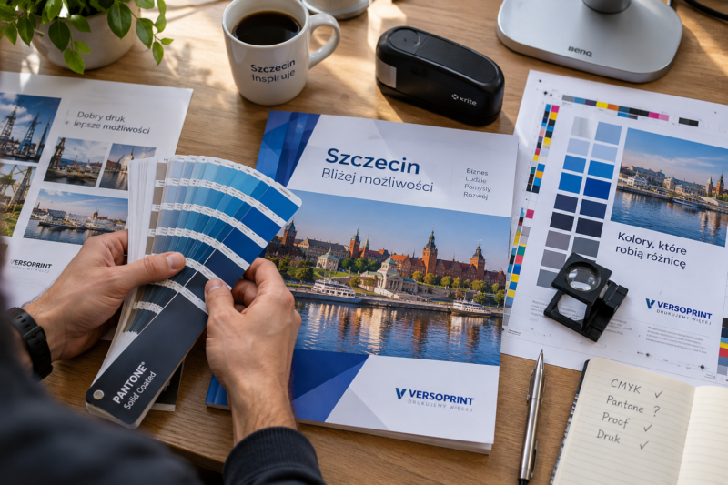 Dopasowywanie kolorów logo z wzornikiem palety barw na wydruku próbnym okładki. Dopasowywanie kolorów logo z wzornikiem palety barw na wydruku próbnym okładki.