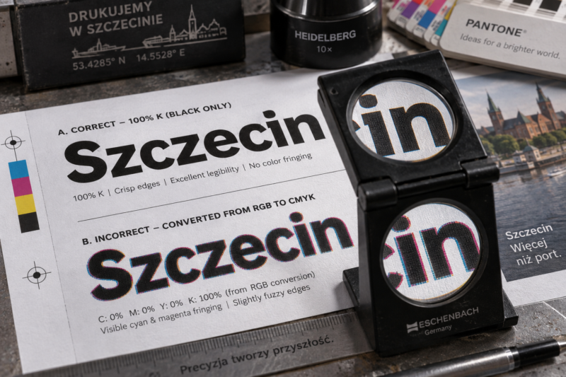 Widok pod lupą pokazujący ostry czarny tekst 100% K oraz tekst z kolorowymi obwódkami wynikający z użycia 4 składowych CMYK.