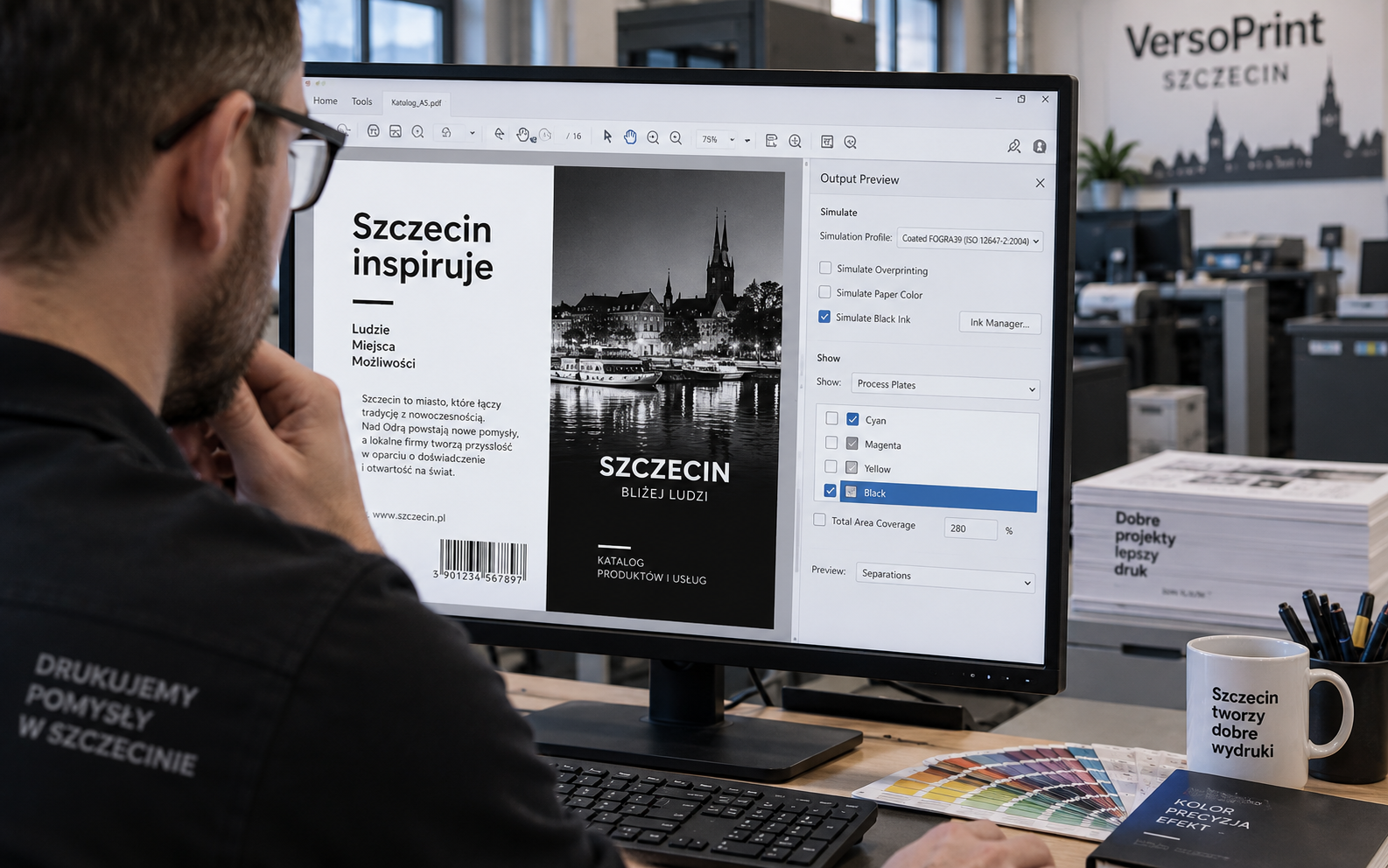ontrola czystości kanału K w podglądzie rozbarwień oprogramowania PDF przed drukiem.