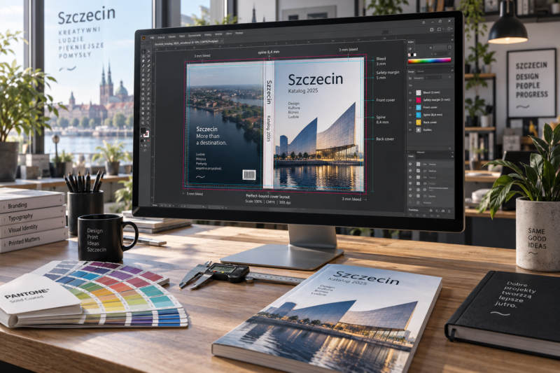 Rozłożony projekt okładki broszury klejonej zawierający tył, grzbiet, przód oraz linie spadów. Rozłożony projekt okładki broszury klejonej zawierający tył, grzbiet, przód oraz linie spadów.