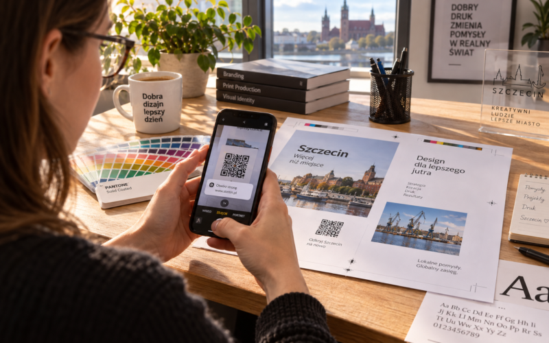 Skanowanie kodu QR ze świeżo wydrukowanej strony próbnej broszury w skali 1:1 za pomocą telefonu. Skanowanie kodu QR ze świeżo wydrukowanej strony próbnej broszury w skali 1:1 za pomocą telefonu.