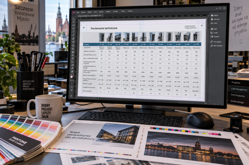 Projektowanie szerokiej tabeli ze specyfikacją techniczną na poziomej stronie w oprogramowaniu do składu publikacji.