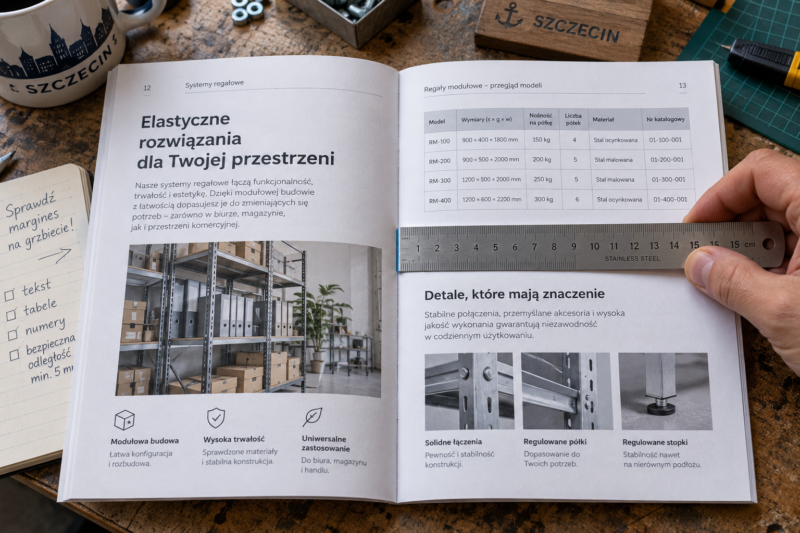 Pomiar wewnętrznego marginesu przy grzbiecie otwartej makiety broszury za pomocą linijki. Pomiar wewnętrznego marginesu przy grzbiecie otwartej makiety broszury za pomocą linijki.