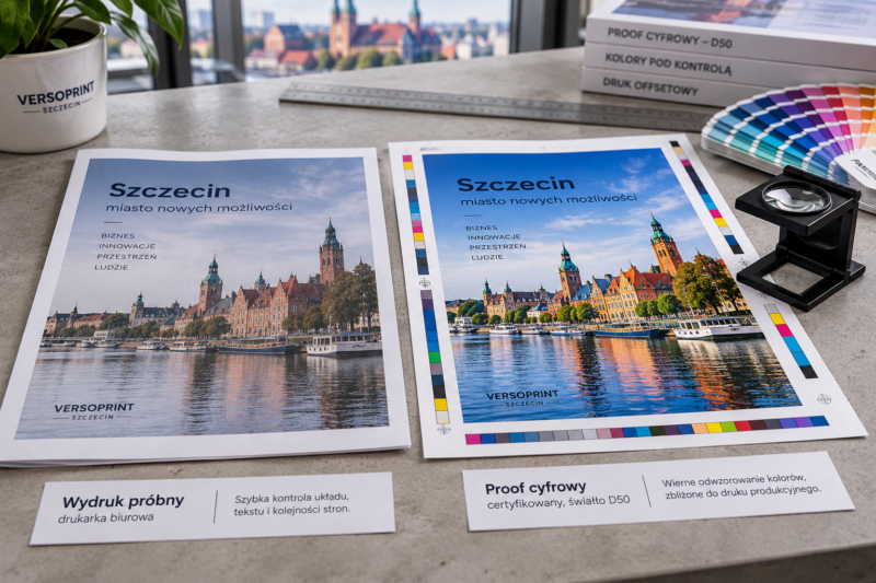 Porównanie roboczej makiety z drukarki biurowej z certyfikowaną cyfrową próbą barwną. Porównanie roboczej makiety z drukarki biurowej z certyfikowaną cyfrową próbą barwną.