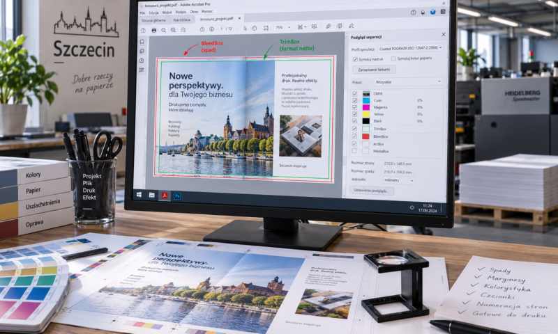 Kontrola linii cięcia TrimBox oraz obszaru spadu BleedBox w pliku PDF w oprogramowaniu DTP.