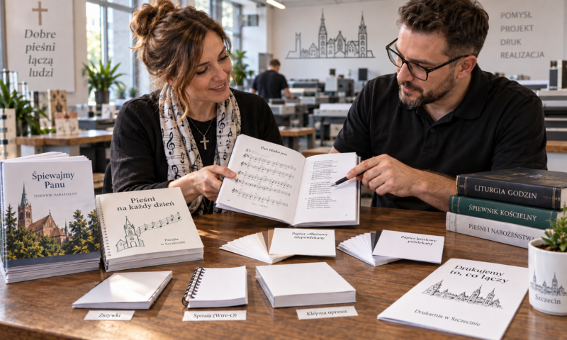 Przedstawiciel parafii i scholi wybiera papier oraz rodzaj oprawy śpiewnika z doradcą w drukarni Przedstawiciel parafii i scholi wybiera papier oraz rodzaj oprawy śpiewnika z doradcą w drukarni
