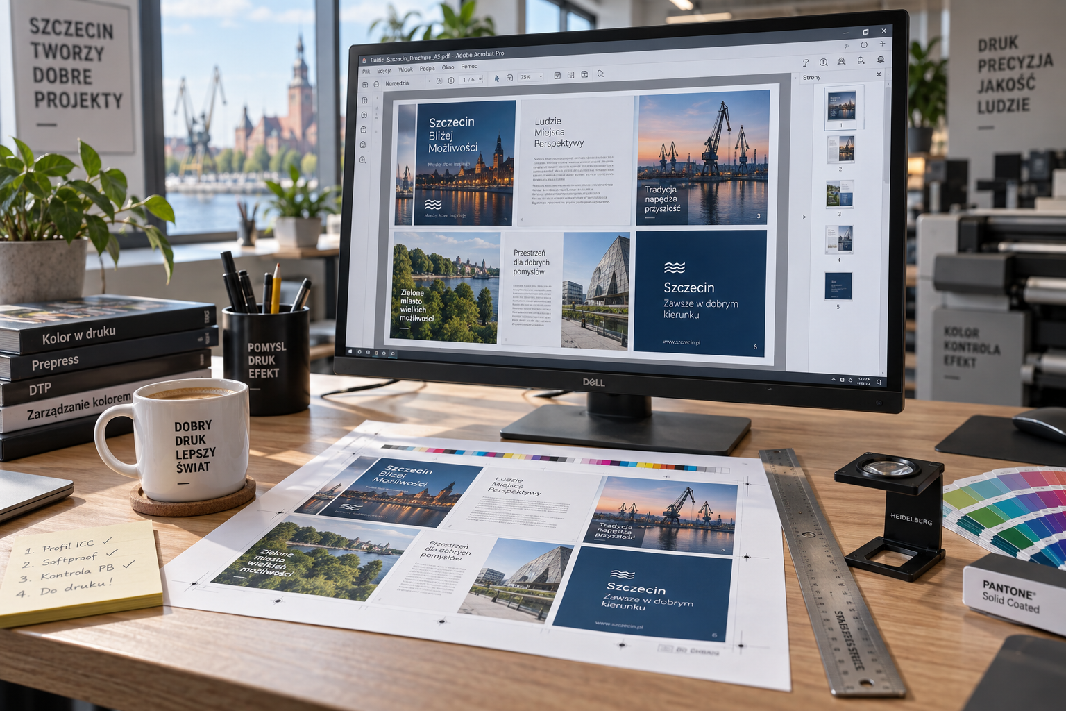 Stanowisko kontroli technicznej pliku PDF broszury A5 przed wysłaniem do druku.