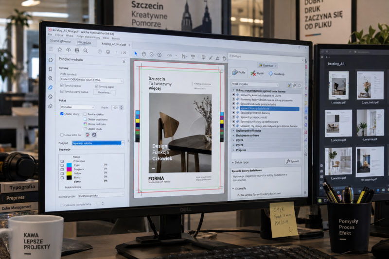 Weryfikacja spadów, linii cięcia TrimBox oraz rozbarwień CMYK w oprogramowaniu Preflight.