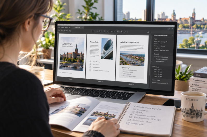 Weryfikacja układu stron pojedynczych w wyeksportowanym pliku PDF na laptopie przed produkcją w Szczecinie.