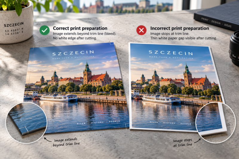 Porównanie prawidłowo dociętej strony ze spadem oraz błędu drukarskiego w postaci białej krawędzi.