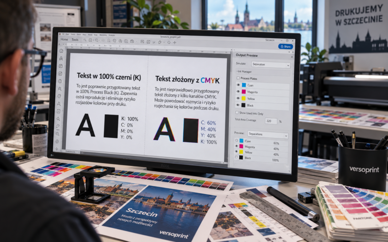 Sprawdzanie rozbarwień czerni dla drobnego tekstu w podglądzie diagnostycznym pliku PDF.