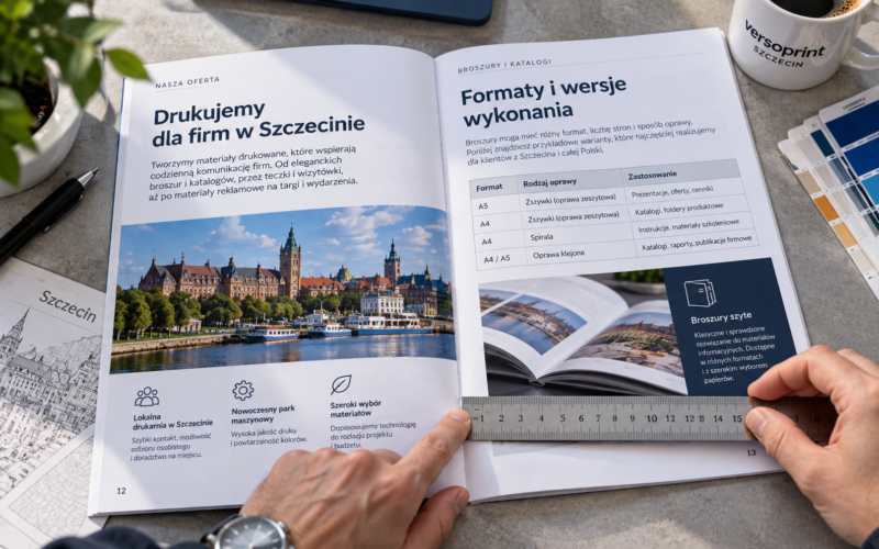 Pomiar wewnętrznego marginesu przy grzbiecie otwartej broszury za pomocą linijki.