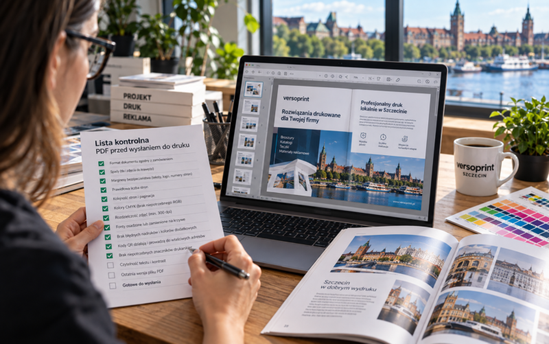 Ostateczna kontrola pliku PDF z checklistą przed wysłaniem broszury do drukarni w Szczecinie.