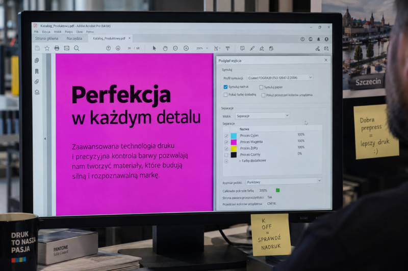 Weryfikacja nadruku czarnego tekstu po wyłączeniu kanału K w podglądzie separacji CMYK. Weryfikacja nadruku czarnego tekstu po wyłączeniu kanału K w podglądzie separacji CMYK.