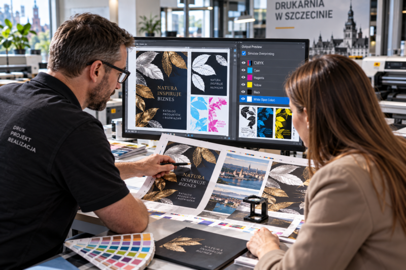 Ostateczna kontrola overprintu i separacji w pliku PDF z doradcą przed produkcją w drukarni w Szczecinie. Ostateczna kontrola overprintu i separacji w pliku PDF z doradcą przed produkcją w drukarni w Szczecinie.