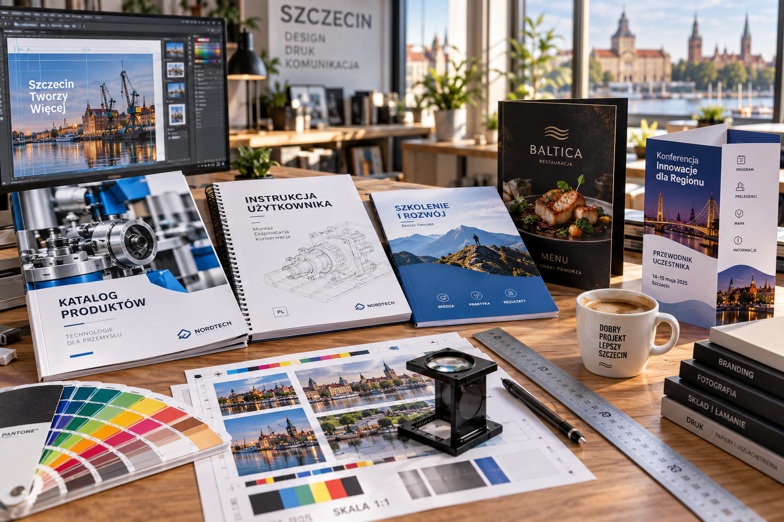 Zestawienie różnorodnych publikacji i broszur: katalogu B2B, instrukcji, skryptu szkoleniowego i menu na biurku DTP.