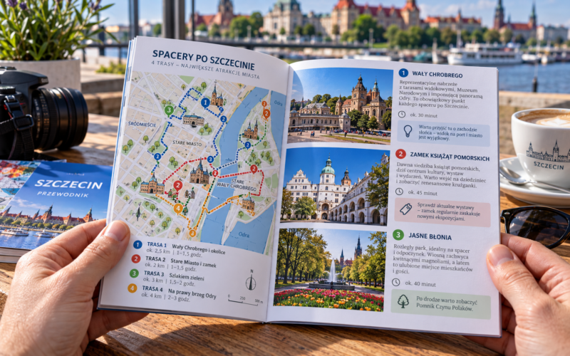 Poręczny przewodnik turystyczny z mapą i szlakami zwiedzania ułożony na stole plenerowym. Poręczny przewodnik turystyczny z mapą i szlakami zwiedzania ułożony na stole plenerowym.