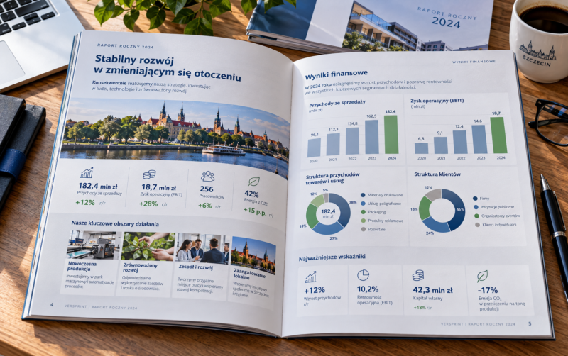Otwarty raport roczny organizacji pokazujący infografiki i wykresy na papierze ekologicznym. Otwarty raport roczny organizacji pokazujący infografiki i wykresy na papierze ekologicznym.