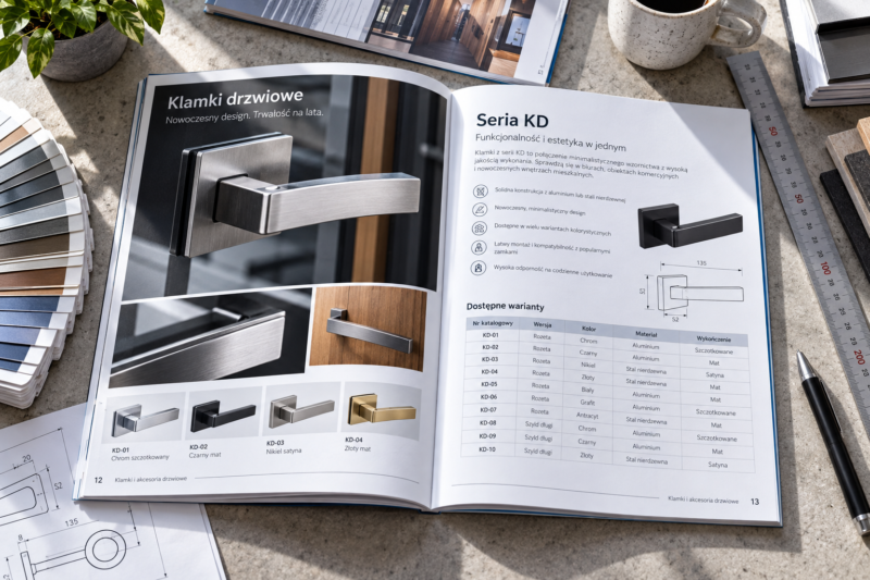 Rozkładówka wielostronicowego katalogu produktowego ze zdjęciem i tabelą wariantów technicznych. Rozkładówka wielostronicowego katalogu produktowego ze zdjęciem i tabelą wariantów technicznych.