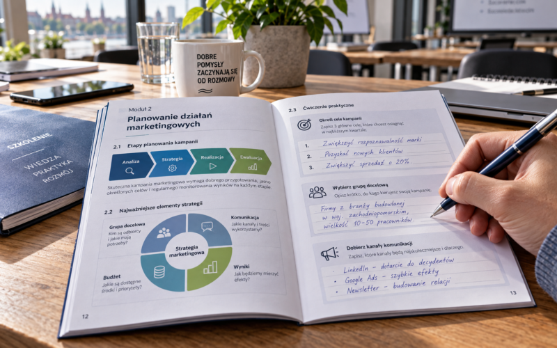 Uczestnik szkolenia robiący notatki w broszurze edukacyjnej wydrukowanej na matowym papierze offsetowym. Uczestnik szkolenia robiący notatki w broszurze edukacyjnej wydrukowanej na matowym papierze offsetowym.