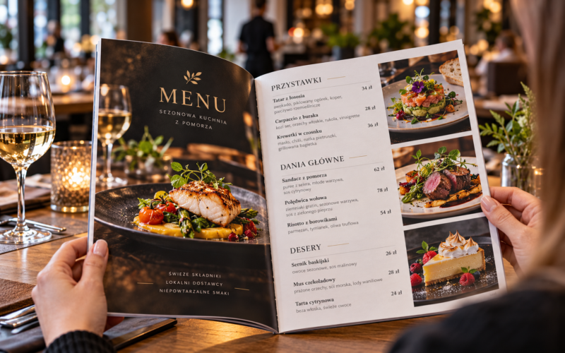 Elegancka wielostronicowa broszura menu z fotografiami potraw trzymana w restauracji. Elegancka wielostronicowa broszura menu z fotografiami potraw trzymana w restauracji.