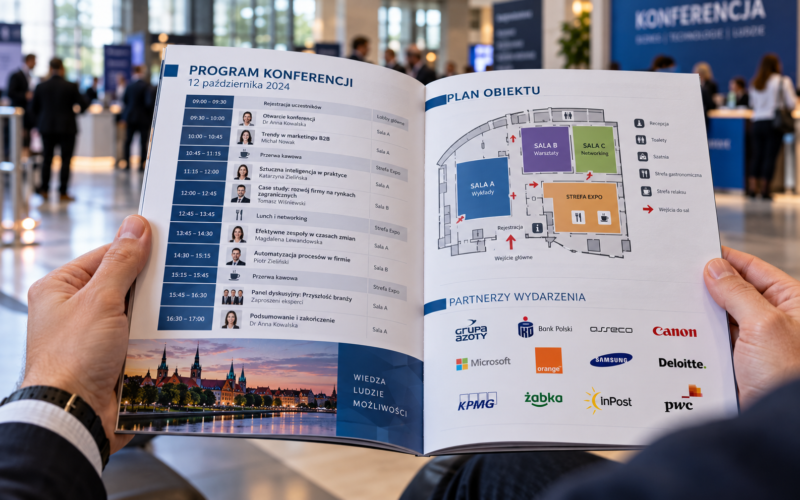 Przeglądanie programu konferencji i harmonogramu wystąpień w otwartej broszurze eventowej. Przeglądanie programu konferencji i harmonogramu wystąpień w otwartej broszurze eventowej.