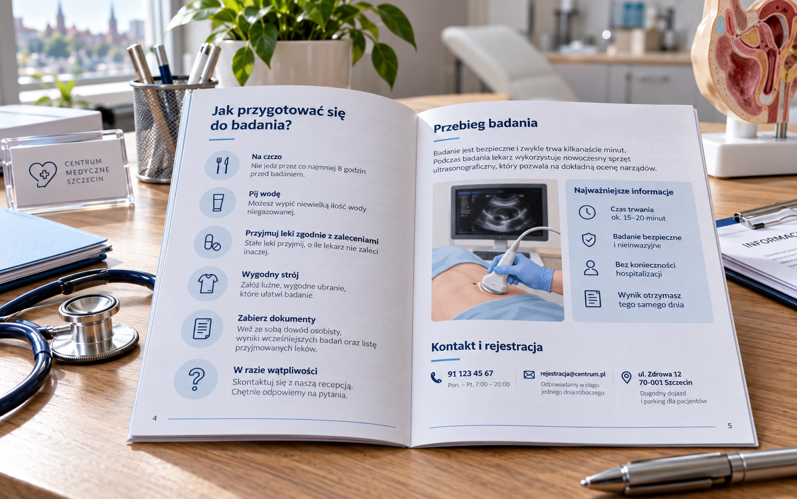 Przejrzysty informator medyczny z zaleceniami dla pacjenta leżący na biurku gabinetu. Przejrzysty informator medyczny z zaleceniami dla pacjenta leżący na biurku gabinetu.