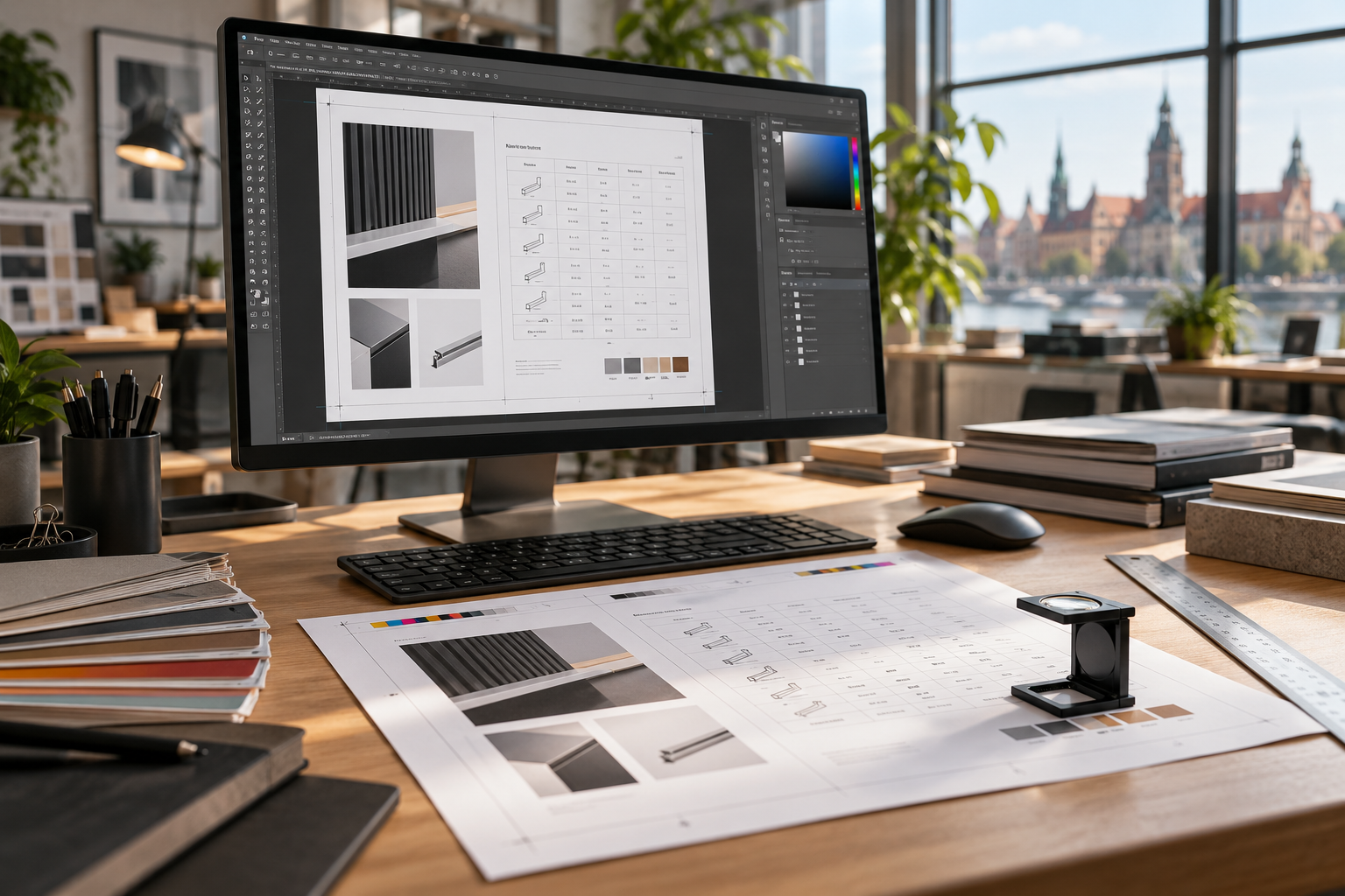 Stanowisko projektowe z podglądem tabeli ze specyfikacją techniczną w programie graficznym oraz jej wydrukiem próbnym.