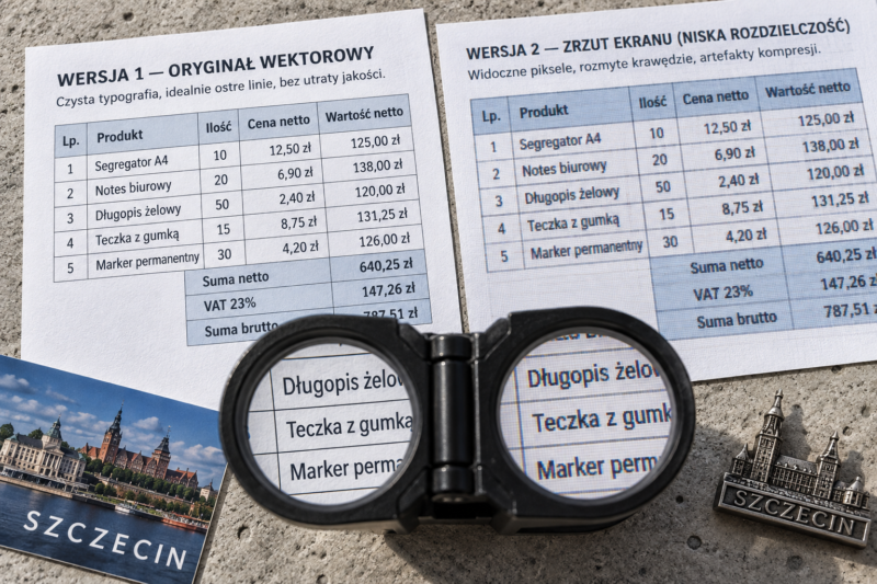 Porównanie ostrej tabeli wektorowej z nieczytelnym zrzutem ekranu pod lupą. Porównanie ostrej tabeli wektorowej z nieczytelnym zrzutem ekranu pod lupą.