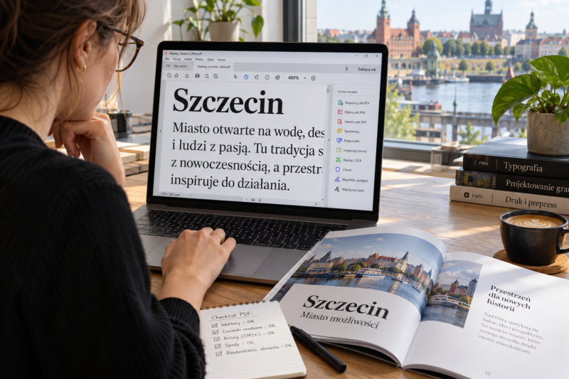Weryfikacja wyeksportowanego tekstu wektorowego i osadzenia fontów w pliku PDF na ekranie laptopa. Weryfikacja wyeksportowanego tekstu wektorowego i osadzenia fontów w pliku PDF na ekranie laptopa.