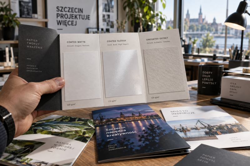Próbnik papierów drukarskich prezentujący kredę matową, błyszczącą oraz papier offsetowy.