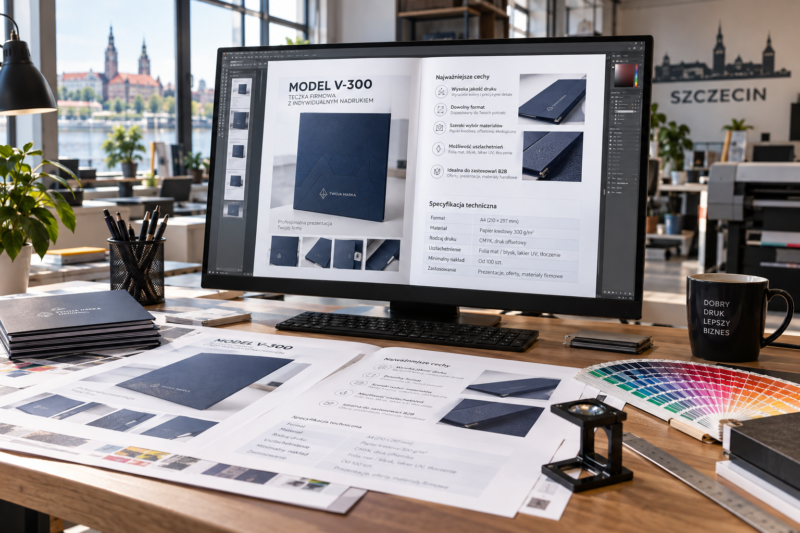 Praca nad przejrzystym układem karty produktu z grafiką, tabelą parametrów i opisem w oprogramowaniu DTP.