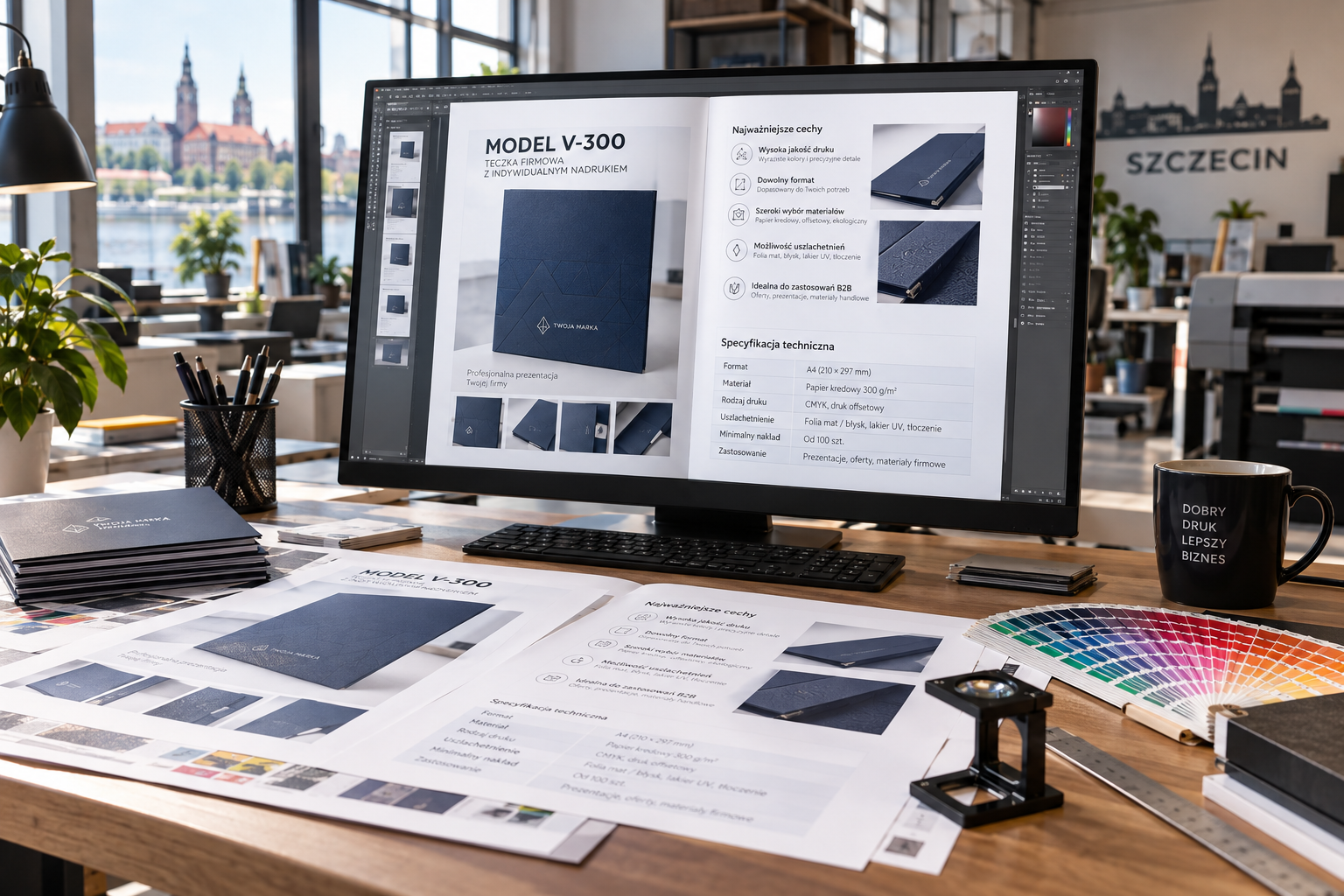 Praca nad przejrzystym układem karty produktu z grafiką, tabelą parametrów i opisem w oprogramowaniu DTP.