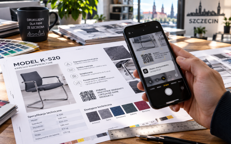 Skanowanie kodu QR z wydrukowanej strony próbnej katalogu w celu sprawdzenia odnośnika do strony produktu.