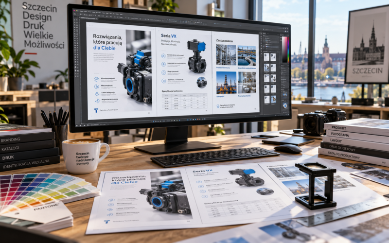 Stanowisko projektowe z podglądem wielostronicowego katalogu produktowego na ekranie monitora i wydrukach próbnych. Stanowisko projektowe z podglądem wielostronicowego katalogu produktowego na ekranie monitora i wydrukach próbnych.