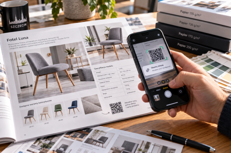 Skanowanie kodu QR z wydrukowanej strony próbnej katalogu w celu sprawdzenia cennika online. Skanowanie kodu QR z wydrukowanej strony próbnej katalogu w celu sprawdzenia cennika online.
