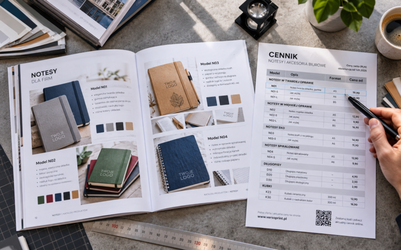Otwarty katalog produktowy zestawiony z osobną wkładką cennikową na stole projektowym. Otwarty katalog produktowy zestawiony z osobną wkładką cennikową na stole projektowym.