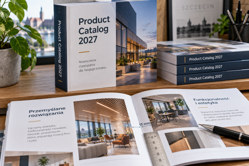 Katalog klejony z widocznym tytułem na grzbiecie stojący na półce obok otwartej rozkładówki. Katalog klejony z widocznym tytułem na grzbiecie stojący na półce obok otwartej rozkładówki.
