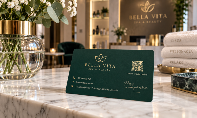 Eskluzywna matowa wizytówka PVC dla salonu beauty ze złotym logo hotstamping i kodem QR do rezerwacji.
