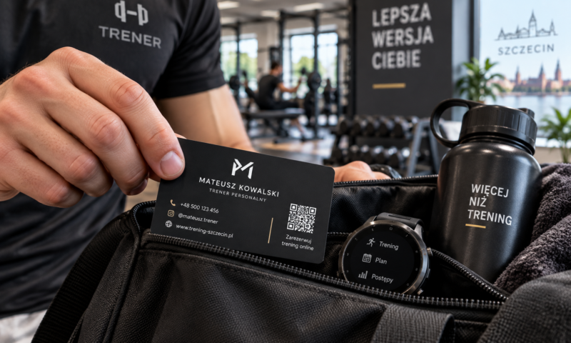 Czarna plastikowa wizytówka PVC trenera personalnego wyciągana z torby treningowej w klubie fitness.