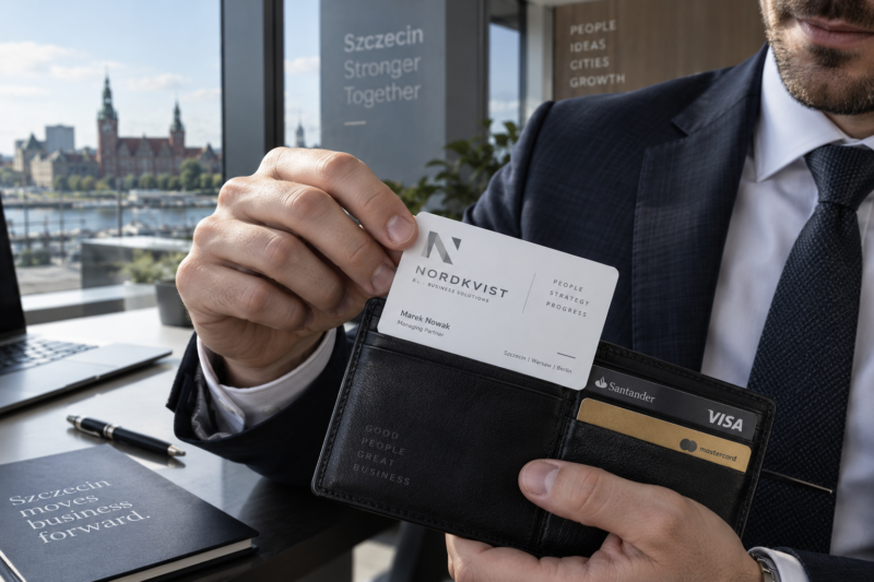 Biznesmen wyciągający sztywną plastikową wizytówkę PVC 0,7 mm z męskiego skórzanego portfela.